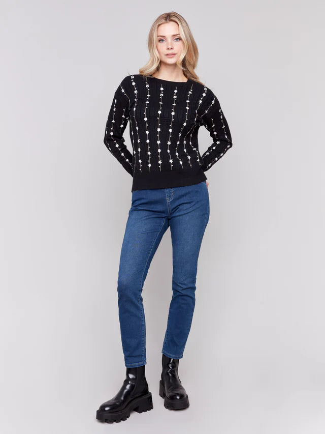 FLORAL EMBROIDERY KNIT PLUSH CREW SWEATER-CHARLIE B