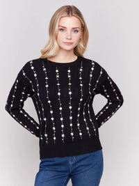 FLORAL EMBROIDERY KNIT PLUSH CREW SWEATER-CHARLIE B