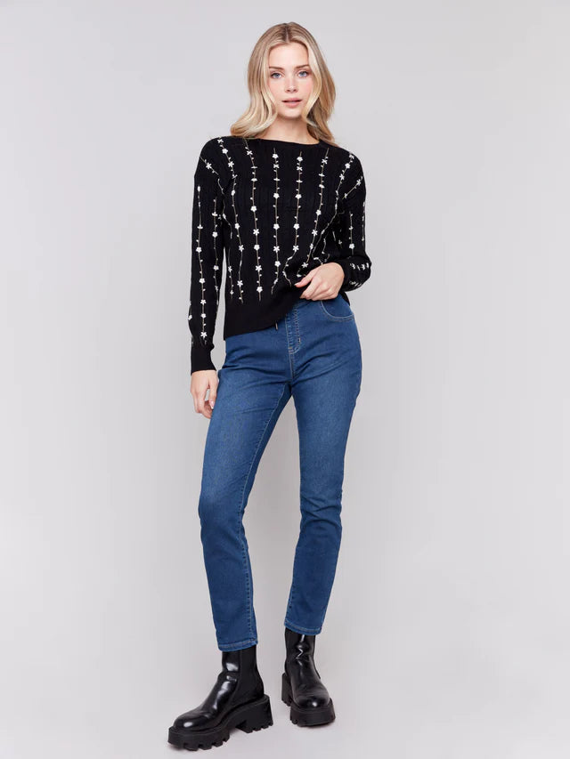 FLORAL EMBROIDERY KNIT PLUSH CREW SWEATER-CHARLIE B