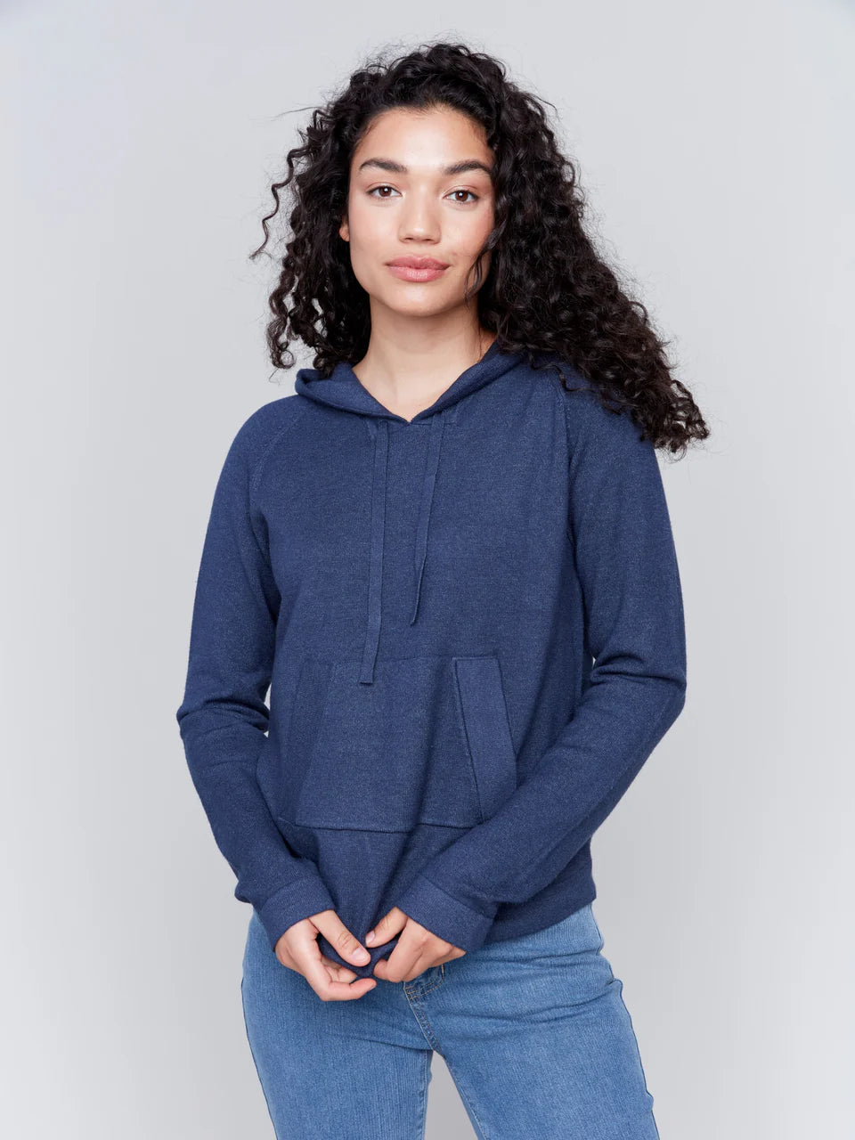 PLUSH RAGLAN SLEEVE HOODIE SWEATER-DENIM-CHARLIE B