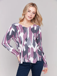 PRINT V-NECK PLUSHY BASIC SWEATER-PLUM-CHARLIE B