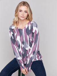 PRINT V-NECK PLUSHY BASIC SWEATER-PLUM-CHARLIE B