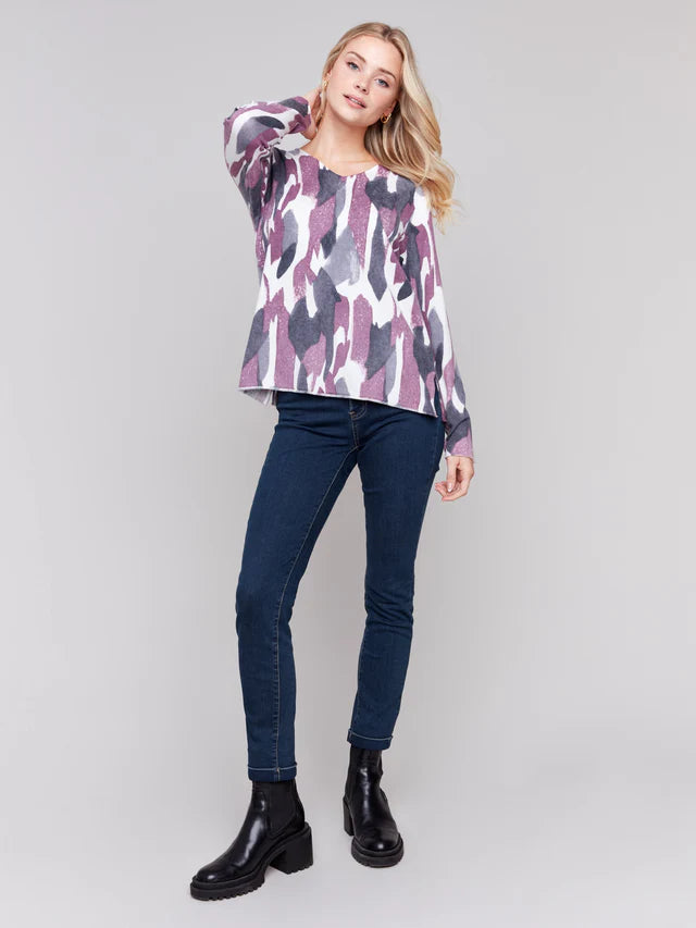 PRINT V-NECK PLUSHY BASIC SWEATER-PLUM-CHARLIE B