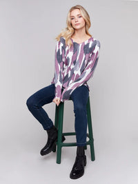 PRINT V-NECK PLUSHY BASIC SWEATER-PLUM-CHARLIE B