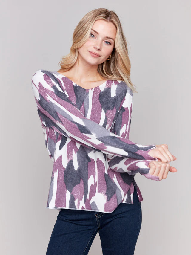 PRINT V-NECK PLUSHY BASIC SWEATER-PLUM-CHARLIE B