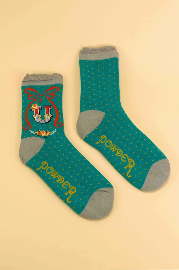 A-Z ALPHABET MONOGRAM LETTER ANKLE SOCKS-POWDER