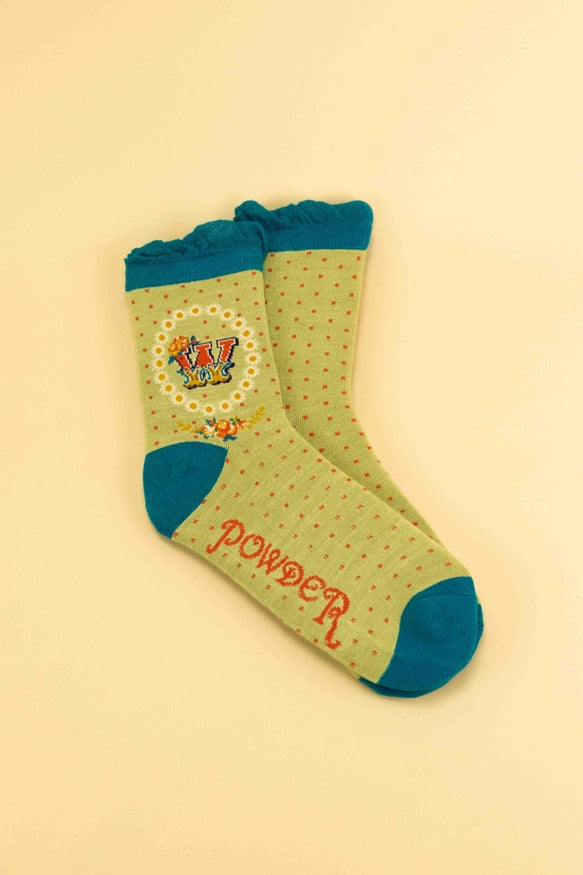 A-Z ALPHABET MONOGRAM LETTER ANKLE SOCKS-POWDER