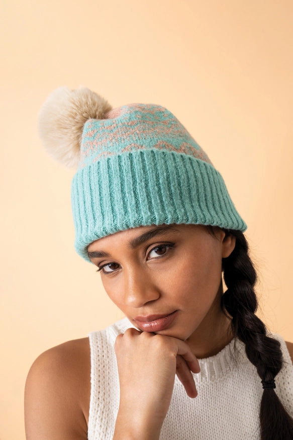 THORA BOBBLE HAT-AQUA/TAUPE-POWDER