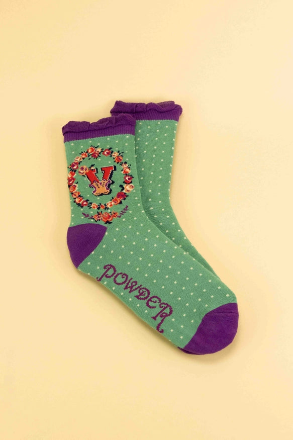 A-Z ALPHABET MONOGRAM LETTER ANKLE SOCKS-POWDER