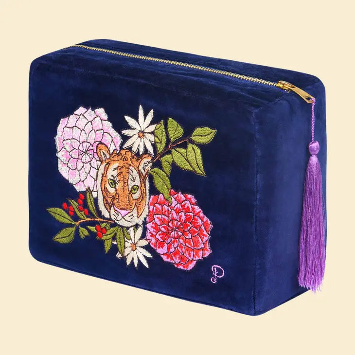 FLORAL TIGER IN INDIGO VELVET WASHBAG-POWDER