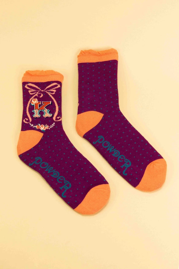 A-Z ALPHABET MONOGRAM LETTER ANKLE SOCKS-POWDER