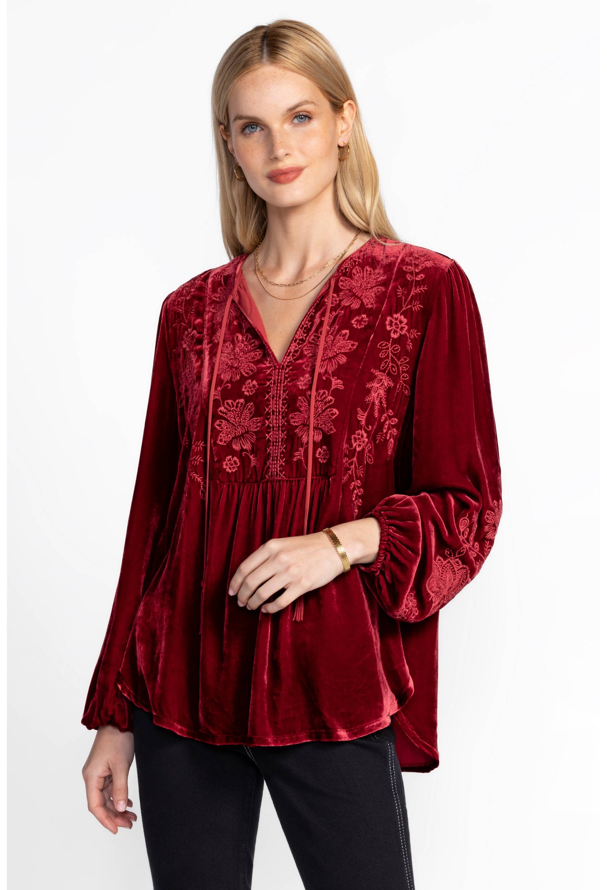 NYOMI CURVED HEM PRAIRIE BLOUSE-RICH RED-JOHNNY WAS