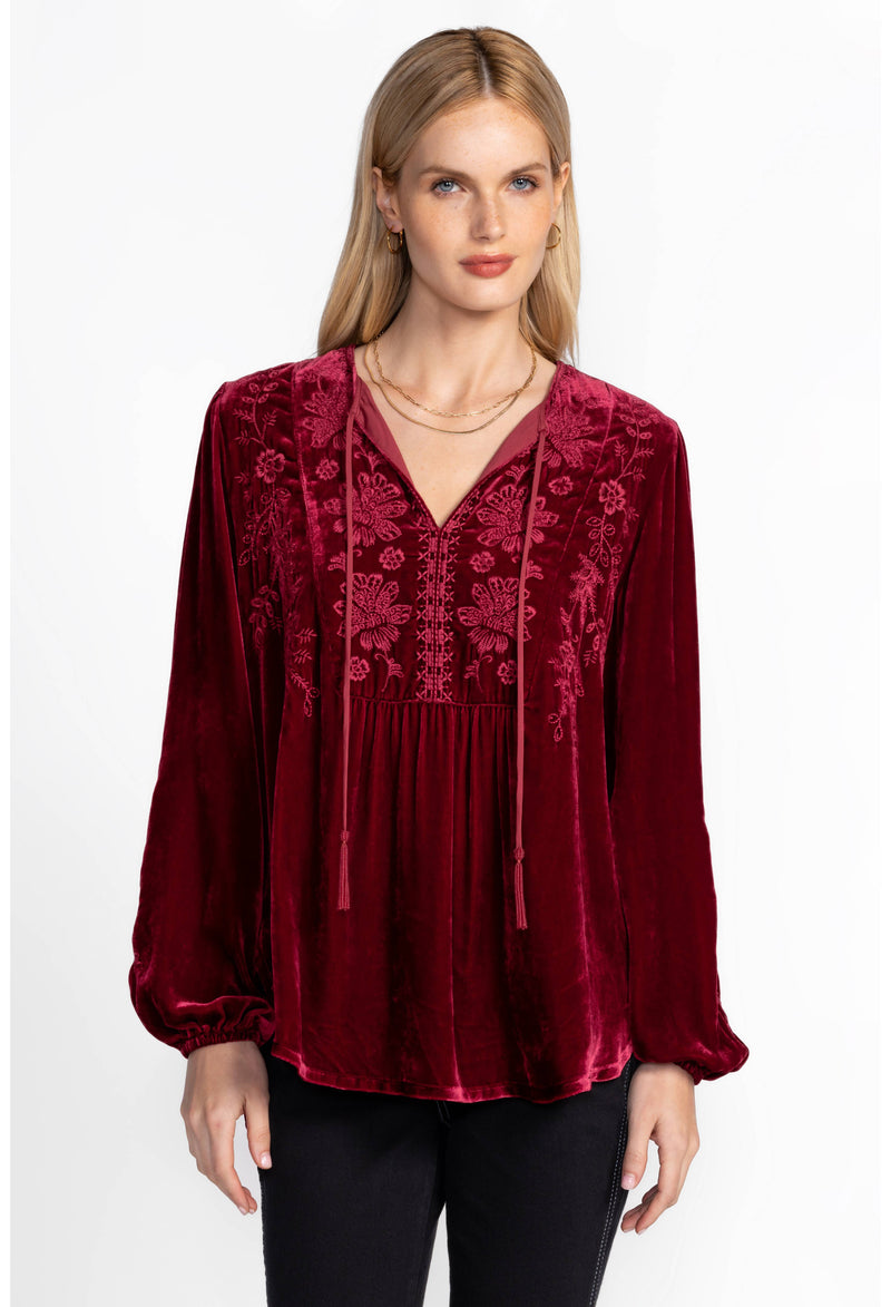 NYOMI CURVED HEM PRAIRIE BLOUSE-RICH RED-JOHNNY WAS