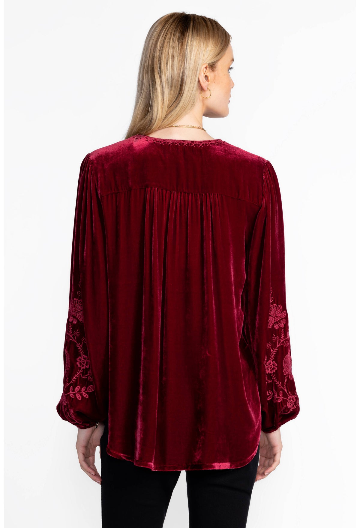 NYOMI CURVED HEM PRAIRIE BLOUSE-RICH RED-JOHNNY WAS