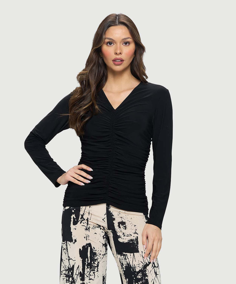 RUCHED V-NECK TOP-BLACK-LAST TANGO