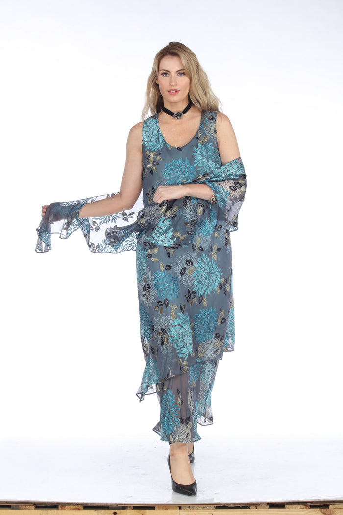 SILK BURNOUT V-TANK DRESS W/SHAWL-BLUE-ARIS A