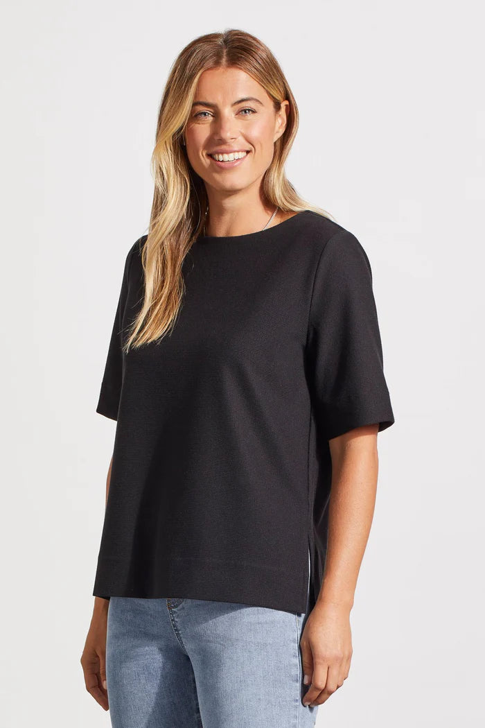 BOAT NECK ELBOW SLEEVE TOP-BLACK-TRIBAL