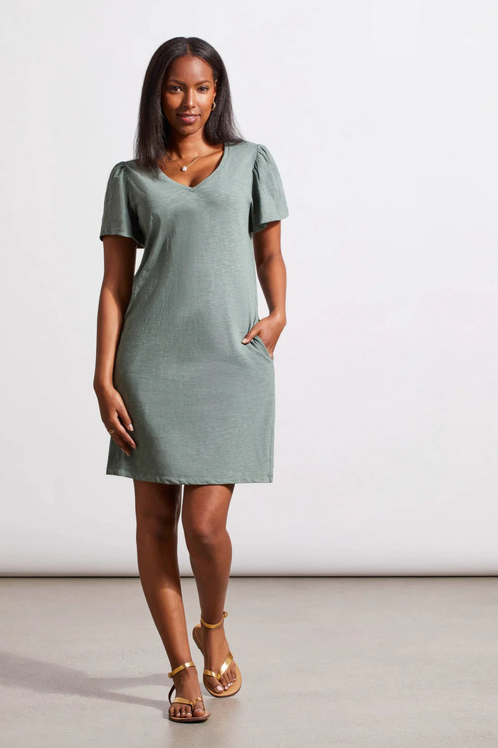 COTTON FLUTTER SLEEVE V-NECK DRESS-CYPRESS-TRIBAL