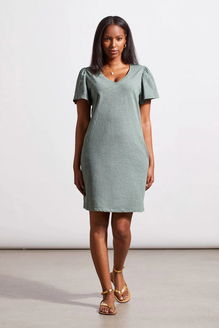 COTTON FLUTTER SLEEVE V-NECK DRESS-CYPRESS-TRIBAL