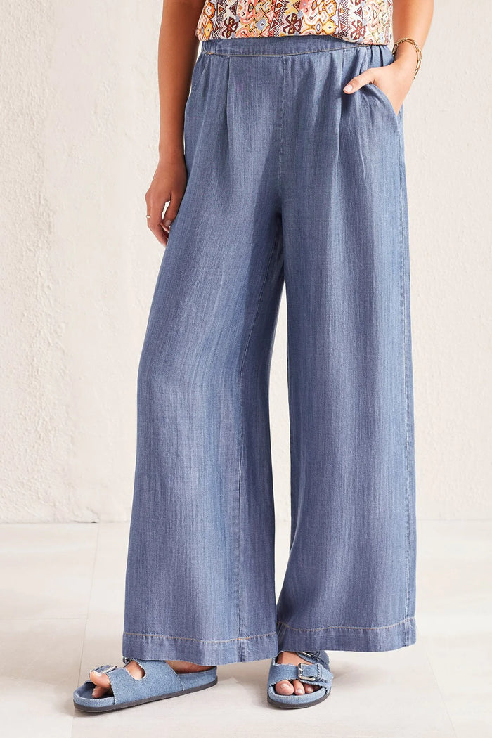 FLOWY PULL ON WIDE LEG PANT/POCKETS-DK. CHAMBRAY-TRIBAL