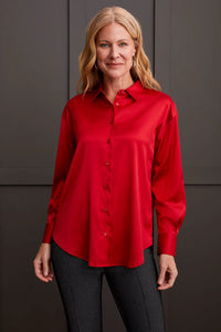 FLOWY SATIN BUTTON SHIRT-SCARLET-TRIBAL