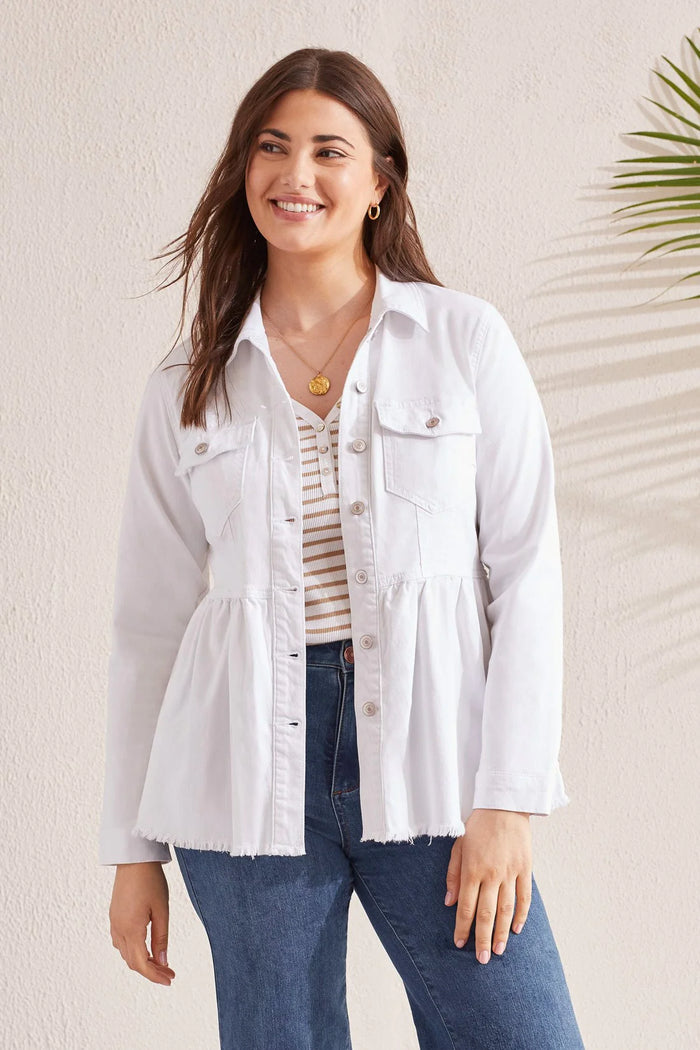 PEPLUM DENIM JACKET W/ POCKETS-WHITE-TRIBAL