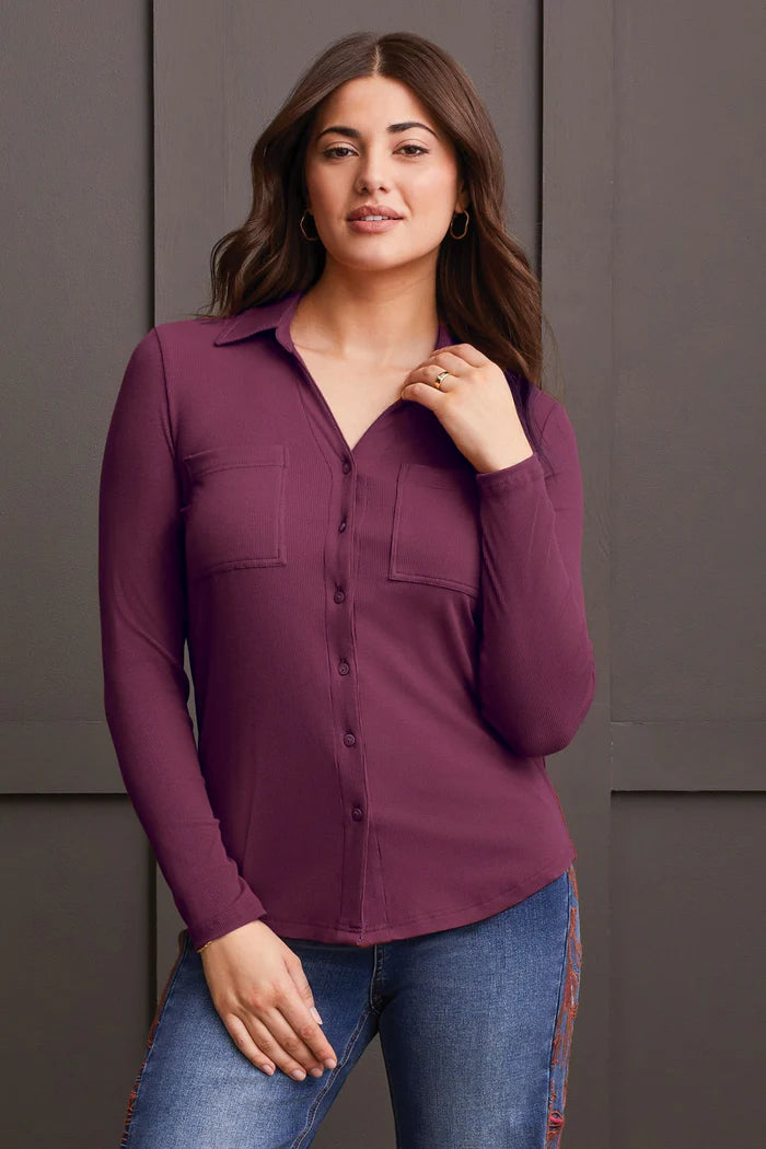 SOFT TOUCH MINI RIB BUTTON-UP SHIRT-PORT WINE-TRIBAL