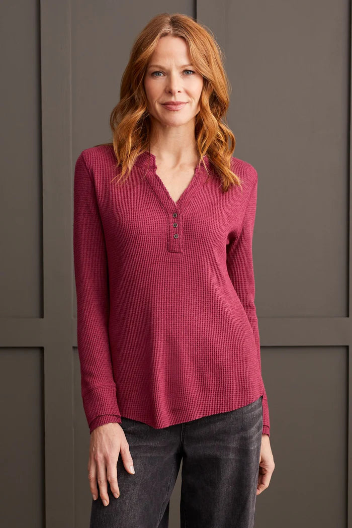 SOFT WASHED WAFFLE HENLEY W/BUTTONS-PORT WINE-TRIBAL