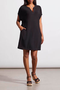 NOTCH NECK SHIFT DRESS WITH  POCKETS-BLACK-TRIBAL