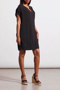 NOTCH NECK SHIFT DRESS WITH  POCKETS-BLACK-TRIBAL