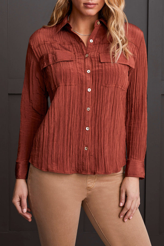 CRINKLE BUTTON BLOUSE-MAHOGANY-TRIBAL