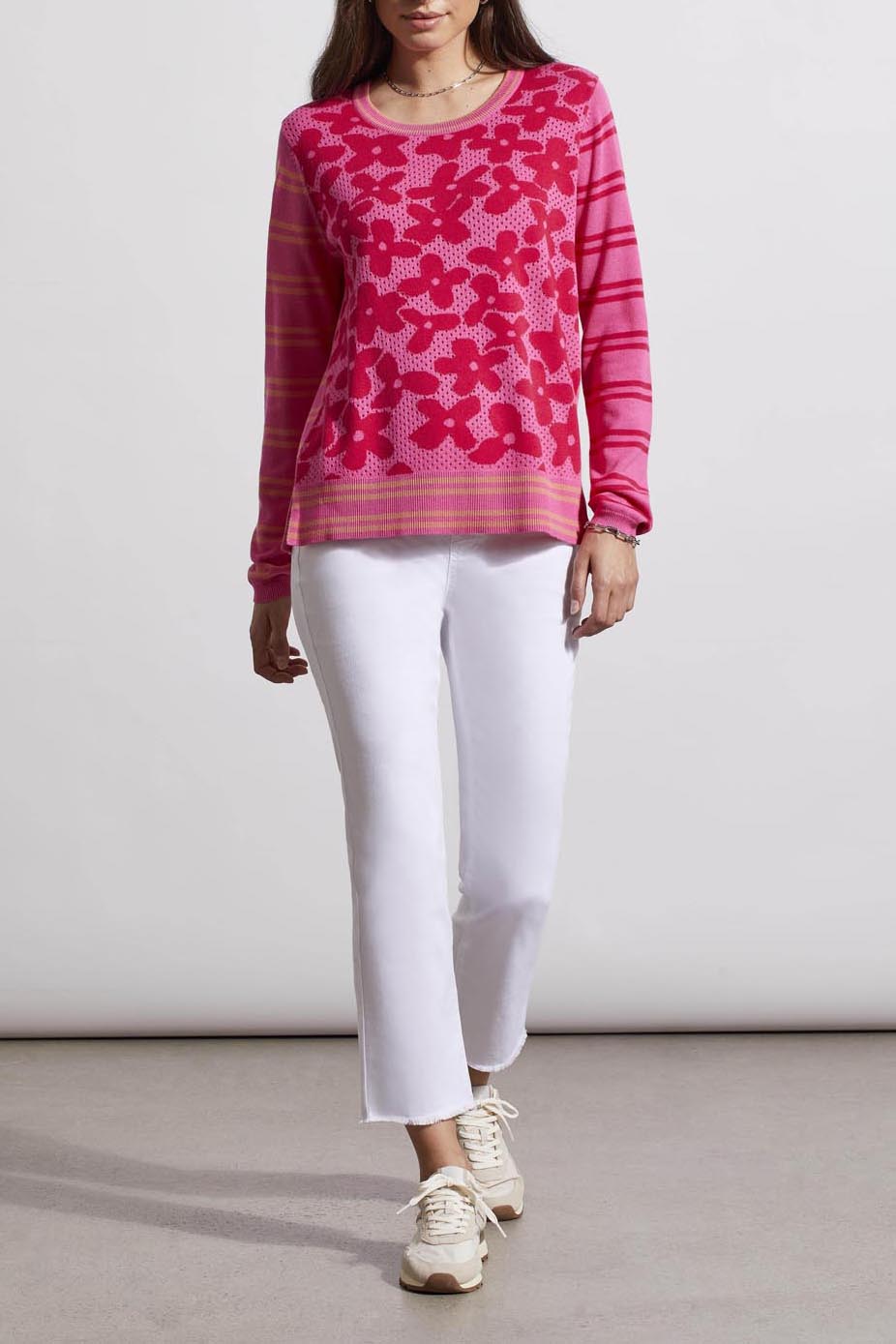 L/S CREW NECK POINTELLE SWTR-HI PINK MULTI-TRIBAL