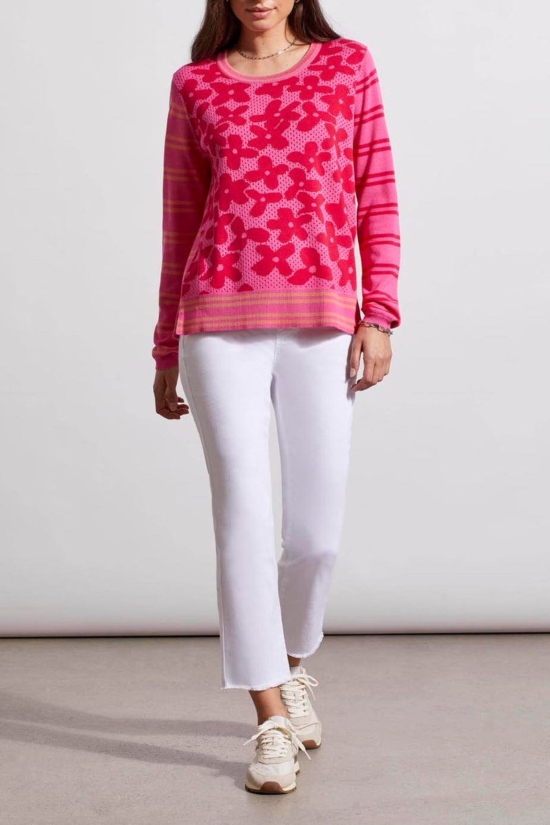 L/S CREW NECK POINTELLE SWTR-HI PINK MULTI-TRIBAL