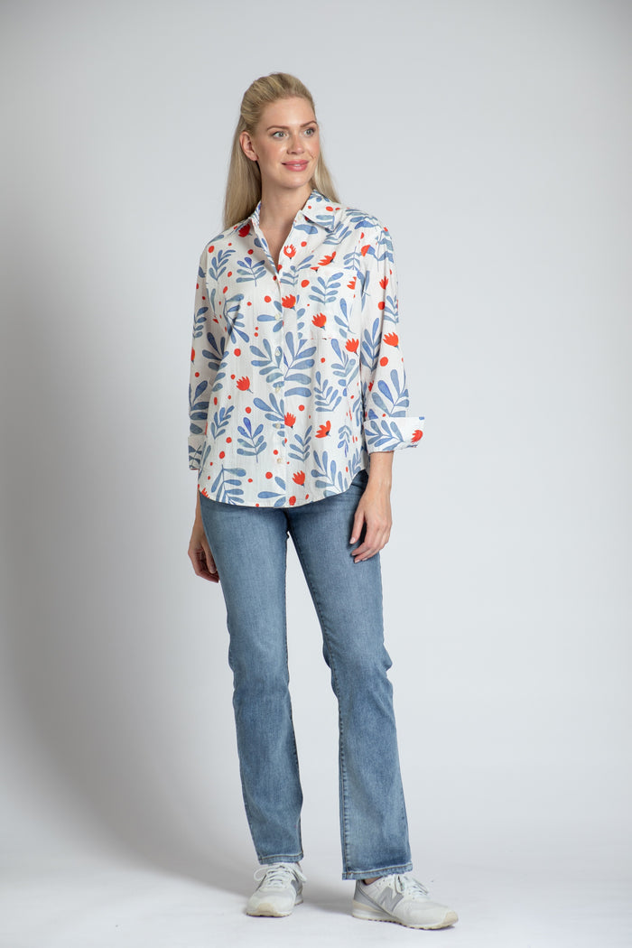 BLUE/RED COTTON BOYFRIEND BUTTON SHIRT-APNY